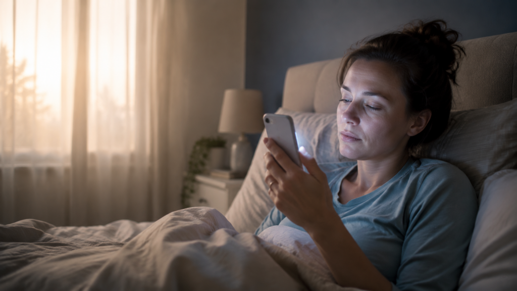 Woman checking her smartphone in bed shortly after waking up.