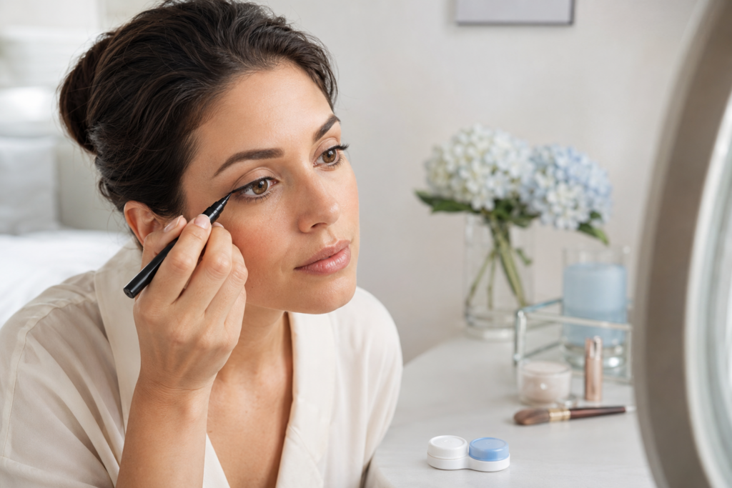 Woman applying eyeliner outside her upper lash line.