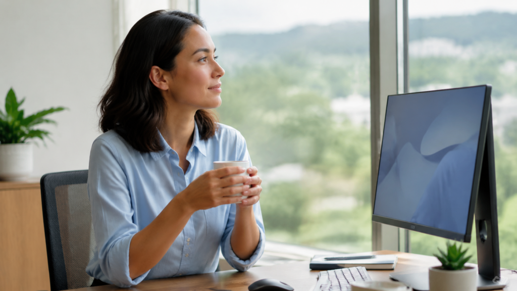 Woman looking away from her computer during a screen break.