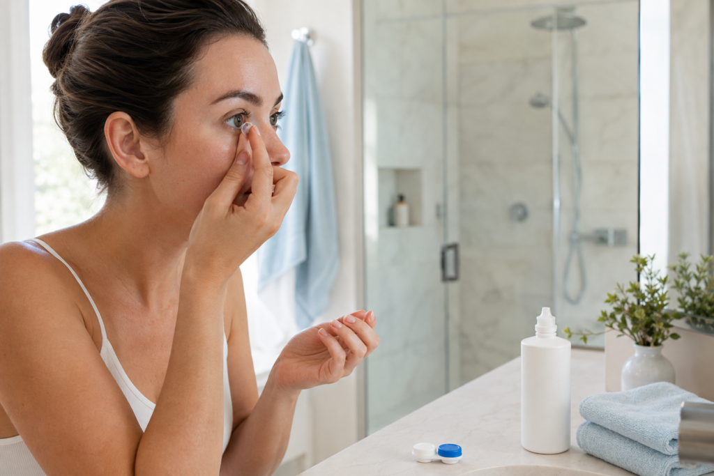 Woman removing a contact lens before showering.