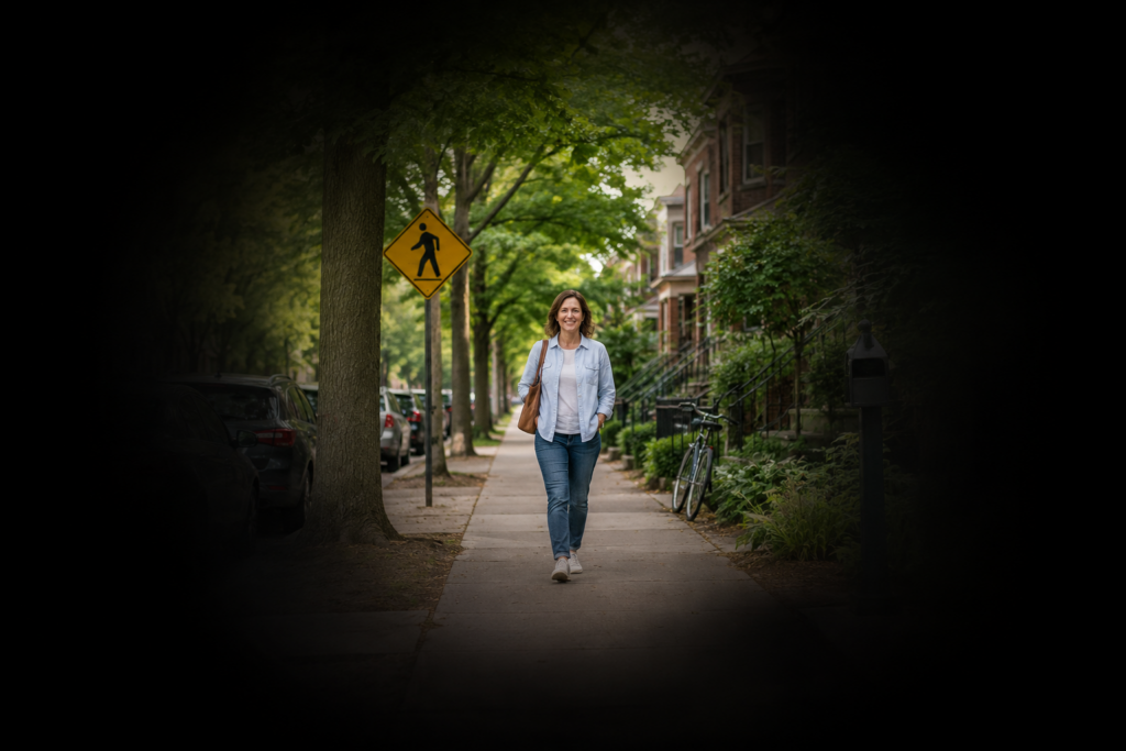 Simulation of advanced glaucoma showing severe peripheral vision loss with only the center of a neighborhood scene remaining visible.