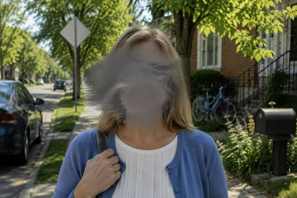 Simulation of central vision loss showing a woman’s face obscured by a blurred, distorted area while the surrounding neighborhood remains visible.