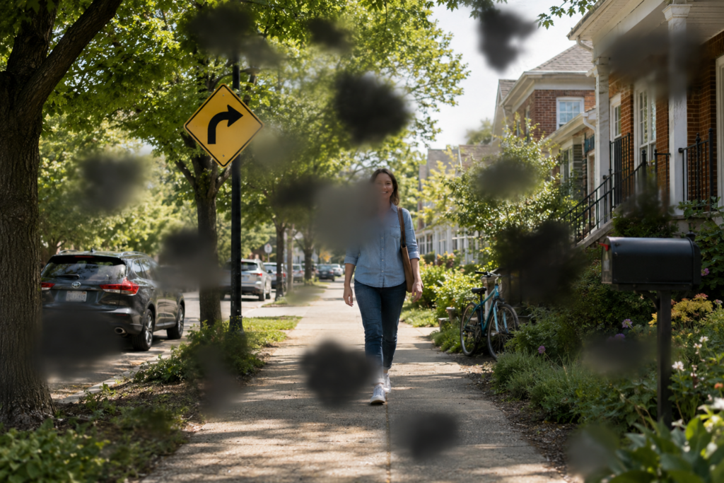 Simulation of patchy vision loss showing scattered dark and blurred spots obscuring parts of a woman and a neighborhood sidewalk.