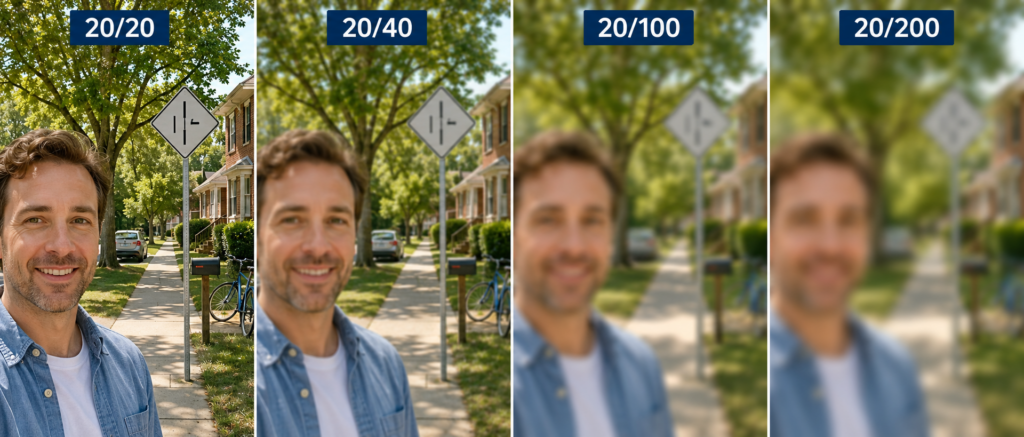 Side-by-side simulation of the same neighborhood scene at 20/20, 20/40, 20/100 and 20/200 visual acuity, showing progressively reduced detail.